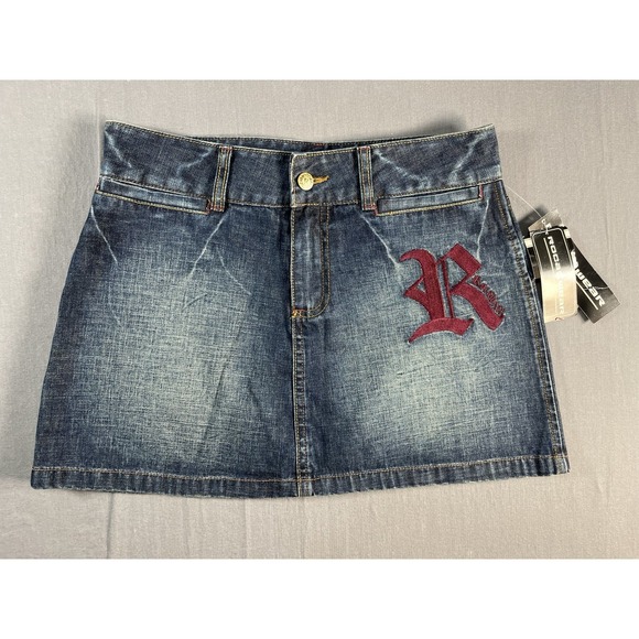 Rocawear Dresses & Skirts - Rocawear Denim Mini Skirt Dark Wash Embroidered Logo Y2K Size 1/2